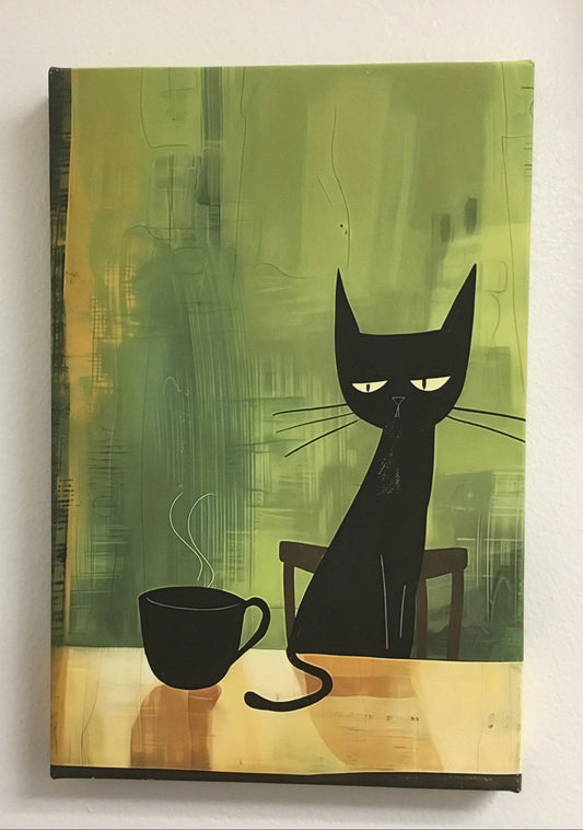 Black Cat with Coffee Wall Hang