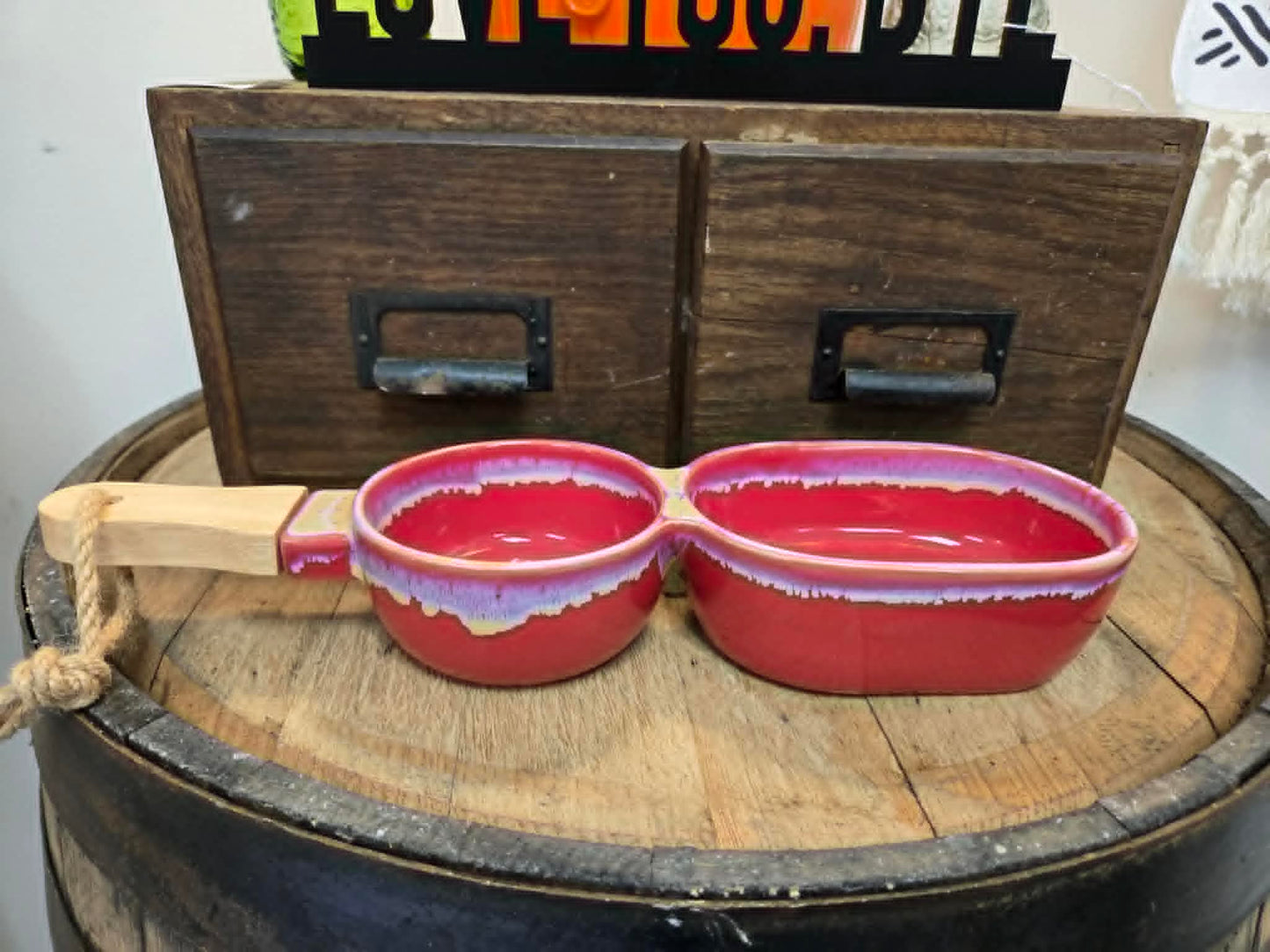 Ceramic Red Double Bowl with Handle