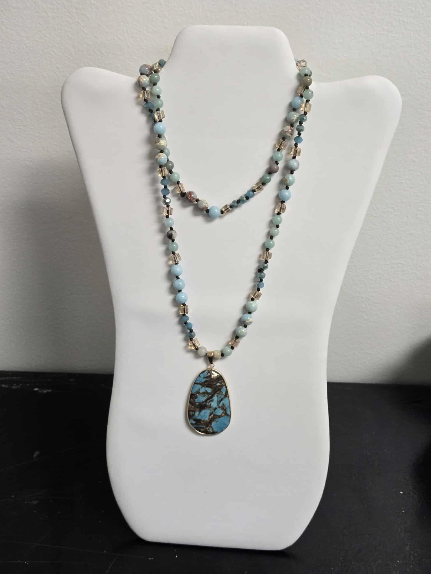Blue Turquoise Stone and Beaded Necklace
